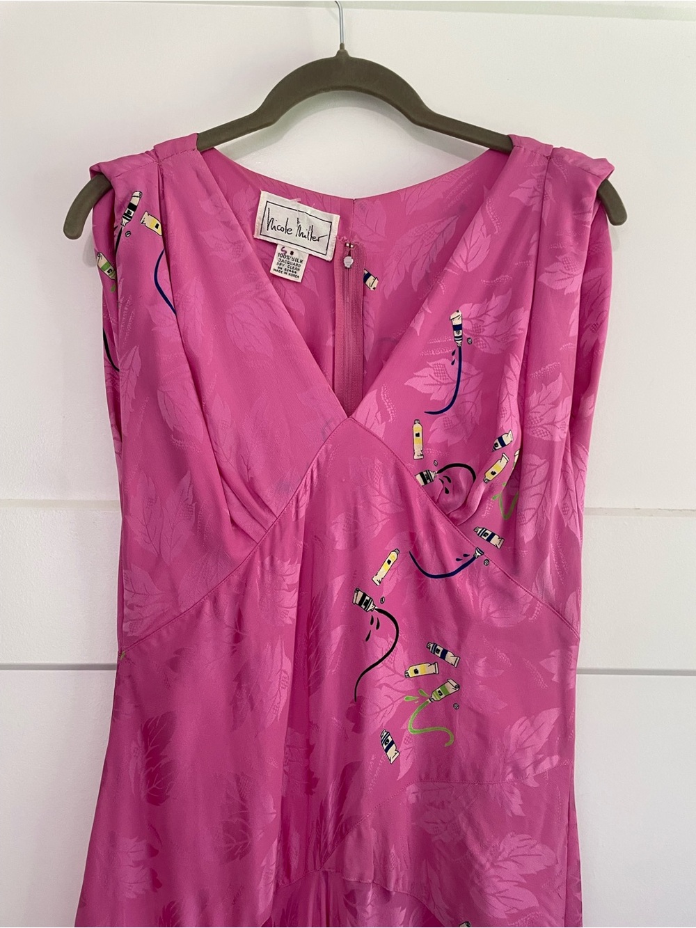 Rare Vintage Nicole Miller 100% Silk Paint Tube Novelty Print Jacquard Maxi Dres - Picture 3 of 10